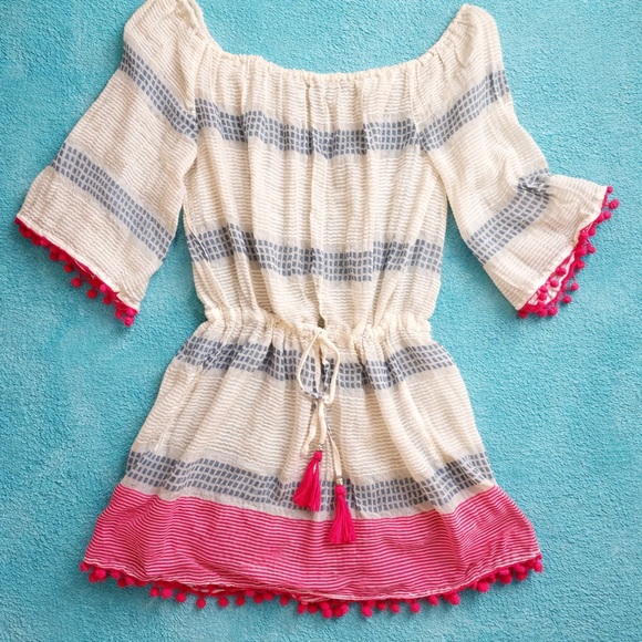 Boho Off Shoulder Dress Tunic | Beach Cover Up Tassel Pom Pom L Blue Island - Picture 2 of 6